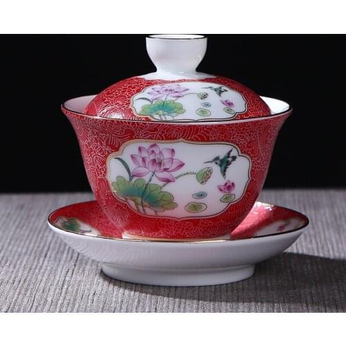 Chinese kungfu covered tea cup Jingdezhen ceramic teacup set large tureen handmade porcelain teaware
