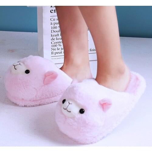 Home Slippers for Women Winter Cartoon Furry Cotton Shoes Cute Pink Alpaca Parent-child Indoor Floor Slippers Cheap Flat Shoes