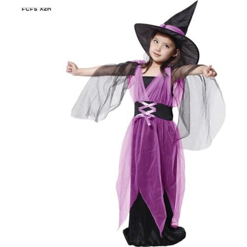 Purple Gothic Girls Halloween Witch Costumes Kids Children Sorceress Cosplay Carnival Purim Stage show Role play party dress
