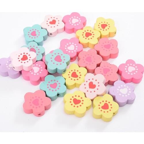 IYOE 30pcs/Lot 17mm Flower Shape Wood Beads Sweet Heart Spacer Beads For Jewelry Making Bracelet Necklace Handmade Printing Bead
