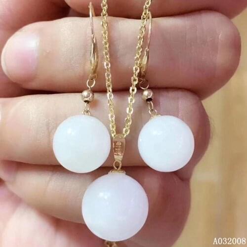 KJJEAXCMY fine jewelry 18K gold natural white jade earrings pendant necklace luxury ladies suit support testing