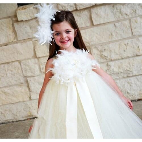 Cute Girls Ivory Feather Tutu Dress Kids Crochet Tulle Dress Ball Gown with Ribbon Bow Headband Children Princess Party Dresses