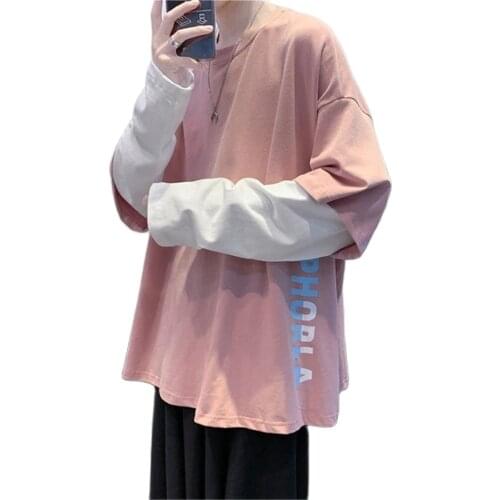 Fashion Pink Tshirts Japan Harajuku Hip Hop T-shirts Men Women Autumn Fake Two Piece Couple Long Sleeve Loose T Shirt Males