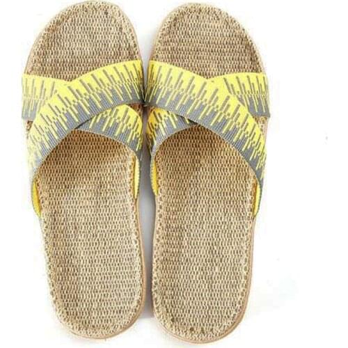 Mens Outdoor Linen Flip Flops Indoor Non-slip House Flax Slippers Yellow Flat Sandals Men Slides Casual Cross Stripe Home Shoes