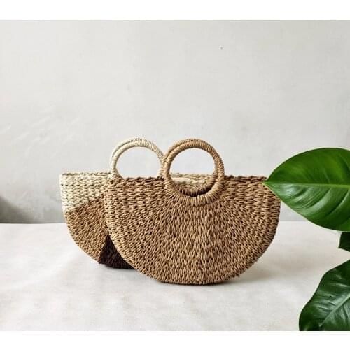 Casual Semicircle Straw Bags Ladies Fashion Three-color Stitching Top Handle Bag Handmade Summer Beach Bag Womens Handbag 2021