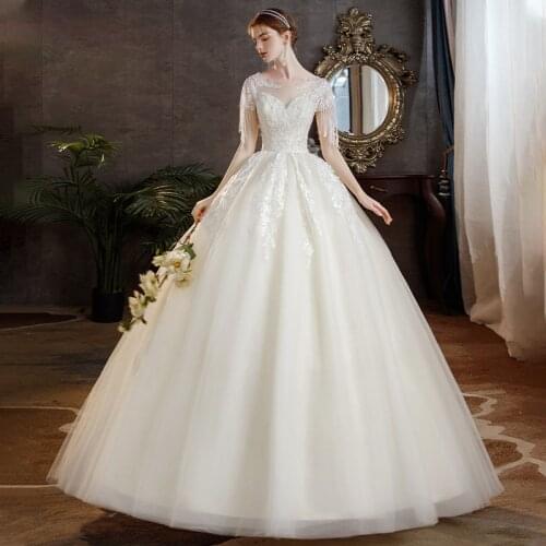 Luxury Lace Weddnig Dress Elegant O Neck Princess Ball Gown Beading Tassel Slim Bridal Dress Plus Size Lace Up Custom Made