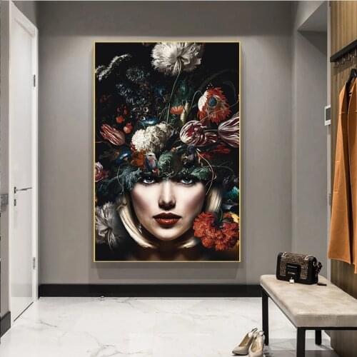 Scandinavian Canvas Painting for Living Room HD Woman with Flowers on Head Poster Tableau Art Moderne Decorative Paintings
