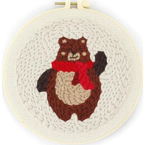 Grey Bear Punch Needle Starter Kit, Beginner Punch Needle Kit with Adjustable Hoop, Yarn, Burlap with Pattern, English Manual