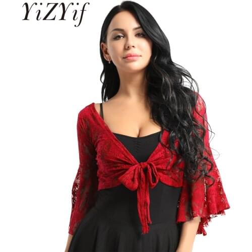 Fashion Womens Long Flare Sleeve Belly Dance Butterfly Lace Top Shrug Gymnastics Cover Up Cardigan Wraps for Belly Dance Class