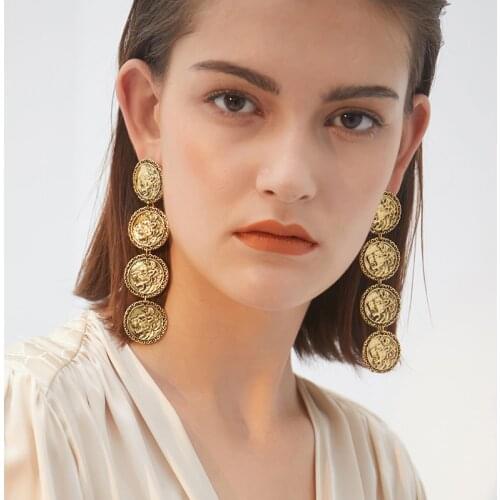 Vintage Round Coin Long Earrings Circle Girls Party Earring Gold Color Ring Tassel Pendant Eardrop Women Jewelry