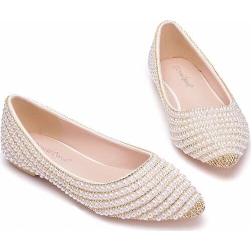 Beige White Pearl Wedding Shoes With Bride Flats Pointed Toe Party Dress Woman Big Size 43