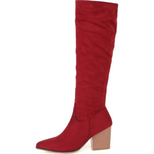 Faxu Suede Knee High Boots Women Shoes Fashion Long Tall Boots Female Block High Heels Flock Black Red Party Shoes Autumn Winter