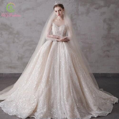 SSYFashion New High-end Wedding Dress Bride Married Luxury Long Sleeve Court Train Sequins Long Wedding Gown Vestidos De Novia