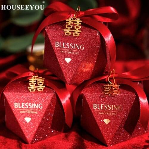 50PCS/Lot Diamond Chinese Style Candy Box Wedding Favors Bomboniere Paper Thanks Present Gift Bag Party Chocolate