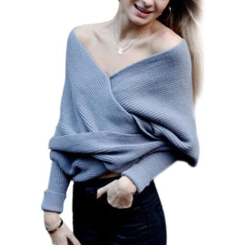 Free Delivery! European and American Fashion Wild New Irregular Cross-pull Pullover Solid Color V-neck Loose Knit Jacket Female