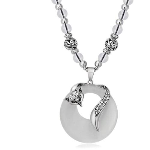 Silver Plated Lovely Fox Wrap Round Hollow Cat Eye Stone Pendant Long Beads Chain Necklace Fashion Jewelry