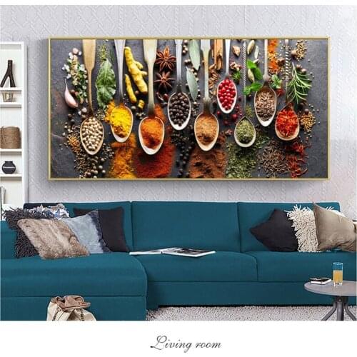 Kitchen Themed Wall Art Decor Colorful Spice and Spoon In Table Canvas Paintings Food Cooking Ingredients Canvas Art Print Decor