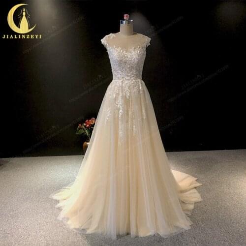 JIALINZEYI Real Picture Crew Neck Lace Appliques Light Champagne A-line New Bridal wedding Gown Wedding Dresses 2021