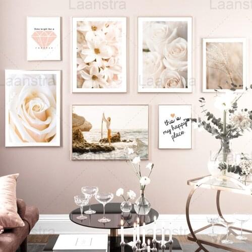 Flower Canvas Painting White Rose Living Room Wall Home Decoration Poster Still Life Plant Simple Text Bedroom Prints Pictures