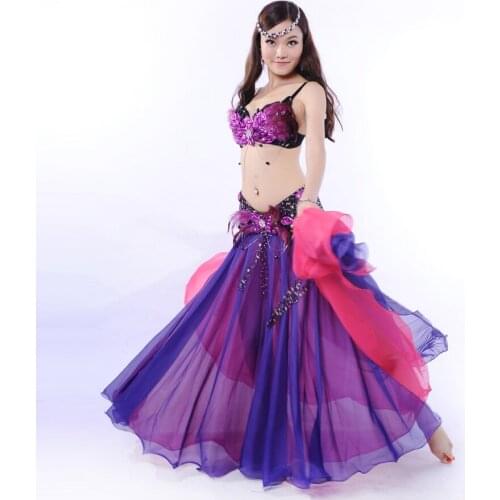 Stage Performance Belly Dancing Costumes Oriental Style Rhinestone Bra with Feather, Tassel Belt Chiffon Skirt Belly Dance 3pcs