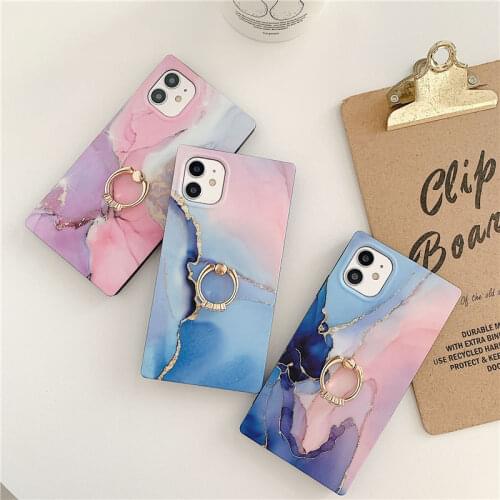 Square Marble Ring Holder Phone Case For iPhone 12 11Pro Max XR XS Max X XS 7 8 Plus 11Pro SE 2020 Soft Back Cover For iPhone 11