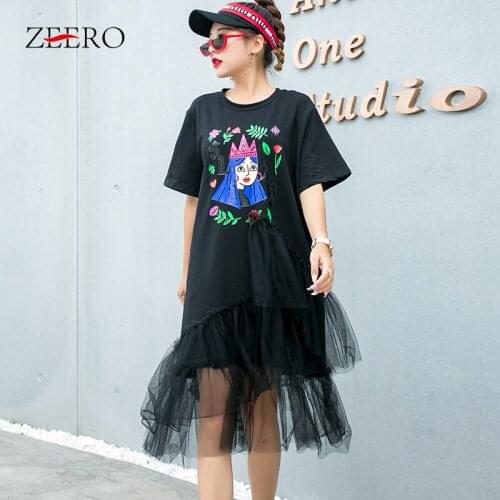 Summer Women Loose Asymmetric Mesh Patchwork Midi T Shirt Dresses Streetwear Womens Black Casual Cartoon Print Harajuku Dress