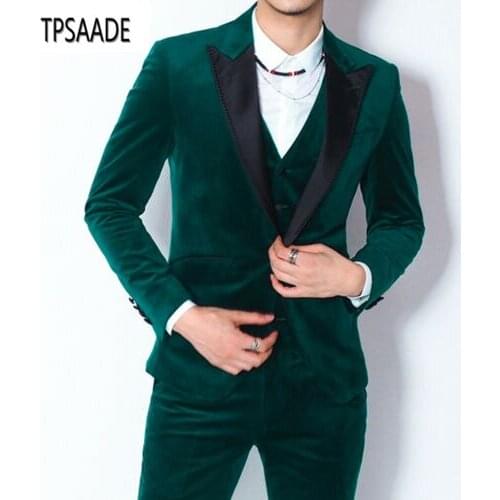 2020 Fashion Wedding Mens Green Velvet Suit 3 Piece (Jacket+Pants+Vest) Groom Tuxedo Mens Party Suit Custom Grooms Man Suit