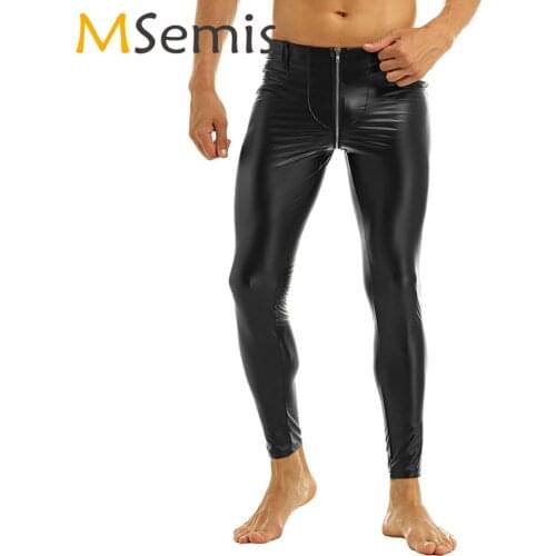 MSemis Mens Black Latex Tight Pencil Pants Sexy Zipper Crotch Gay Leather Leggings Clubwear Dance Rave Wetlook Skinny Trousers