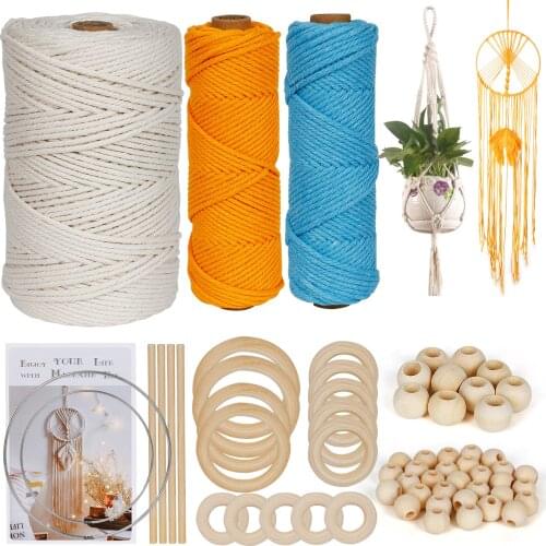 Macrame Cord Kits 3mm 329 Yards Natural Macrame Rope 40pcs Wood Beads Handmade Cotton Rope Wall Hangings for Plant Hangers Craft
