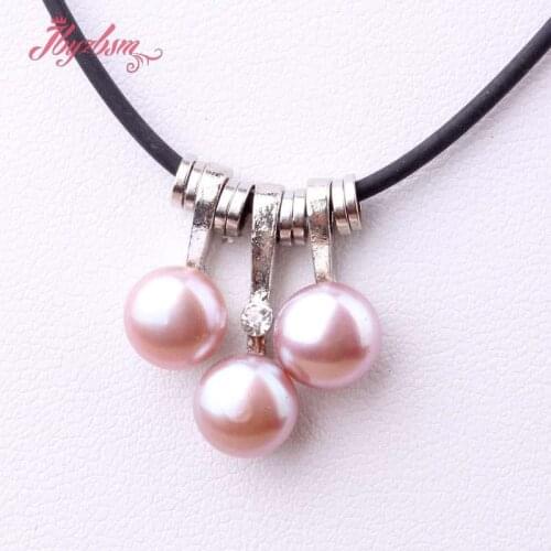 Natural 3 Pc Freshwater Pearl Round Stone Beads Silver Plated Pendant Leather Necklace For Women Christmas New Year Gift 17"