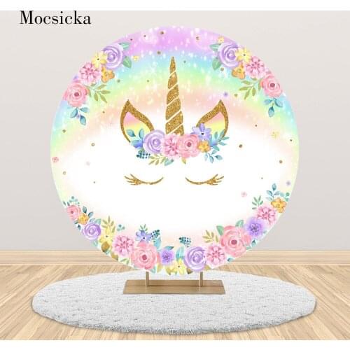Rainbow unicorn round background floral birthday background for photo studio gold glitter unicorn birthday photo background prop