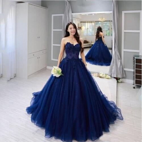 Dark Blue Ball Gown Prom Dresses Lace Applique Beads Lace-up Graduation Dress Formal Evening Gowns