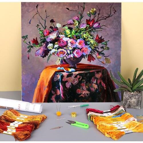 Landscape Flowers Printed Fabric 11CT Cross Stitch Embroidery Full Kit DMC Threads Handiwork Needlework Craft Sewing Counted