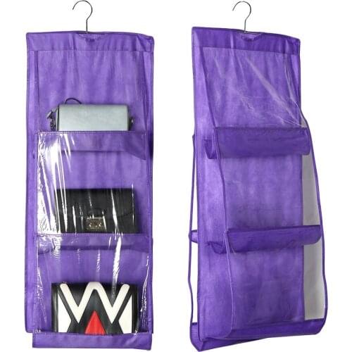 Wardrobe Closet Hanger Double Sided 6 Pockets Hanging Books Organizer Transparent Foldable Handbag Purse Storage Bag