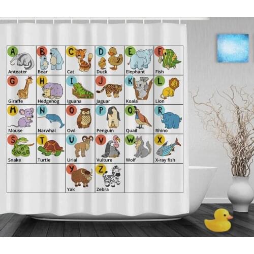 Cartoon Alphabet Letters Design Kids Shower Cutains Animals Decor Baby Bathroom Curtains Polyester Waterproof Fabric With Hooks