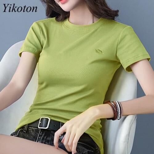 Cotton Women T-Shirts Top For Work O-Neck Embroidered Flowers Casual Short Sleeve Ladies Basic T-Shirt Sexy Fashion Tee Tops