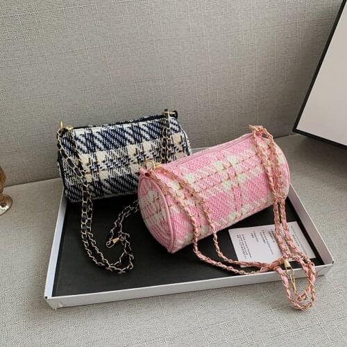 2021 New Fashion Plaid Printing Women Shoulder Messenger Bags Casual Woolen Cloth Cylindrical Ladies Chain Crossbody Handbags