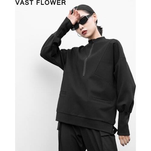 Zipper Black Sweatshirt Women New Stand Collar Long Sleeve Ribbon Patchwork Loose Pullover Fashion Clothes Spring Autumn 2021