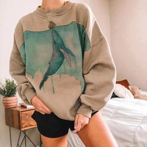 Women Whale Print Retro Clothes Hoodie Casual Long Sleeve Sweatshirt Tops Ladies Harajuku Autumn Fashion Hoody Dropshipping