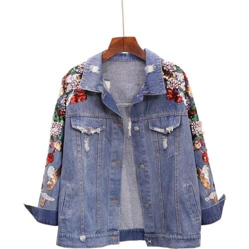 Sherhure Pearl Beading Cartoon Sequins Embroidery Ripped Vintage Dnim Jacket Coat Tops For Women