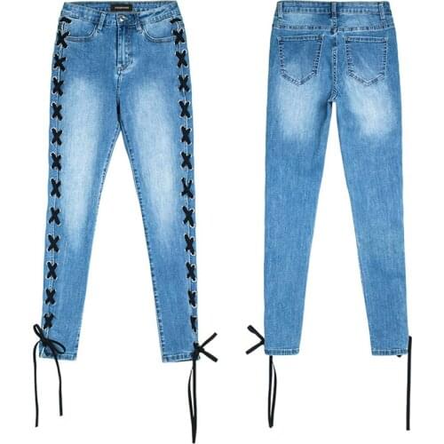 DSQBRAND womens high-waisted jeans cross-leg straps slim-fit tethered trousers light blue DSQ letter logo luxury street fashion