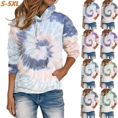 2021 Spring Autumn Fashion Tie Dye Print Hooded Collar Womens Sweatshirt Casual Long Sleeve Pullover Pocket Lady Plus Size Tops