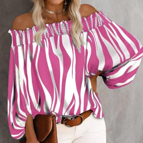 2021 Women Tops Off Shoulder Shrring Puff Sleeve Striped Print Long Sleeve Shirt Blouse 2021 Summer New