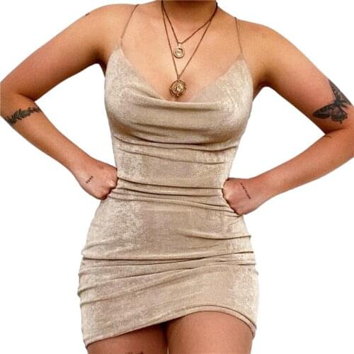 Women Fashion Solid Color Skinny Dress Summer Sexy Stacked V-neck Suspender Short Dress for Party Club, Khaki/Green/Black, S/M/L