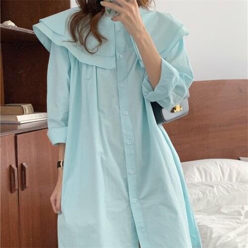 Alien Kitty Shirt Mini Dress Straight Pure Color 2021 Hot Femme New Sweet OL Women Robe Autumn Full Sleeve Office Lady Loose