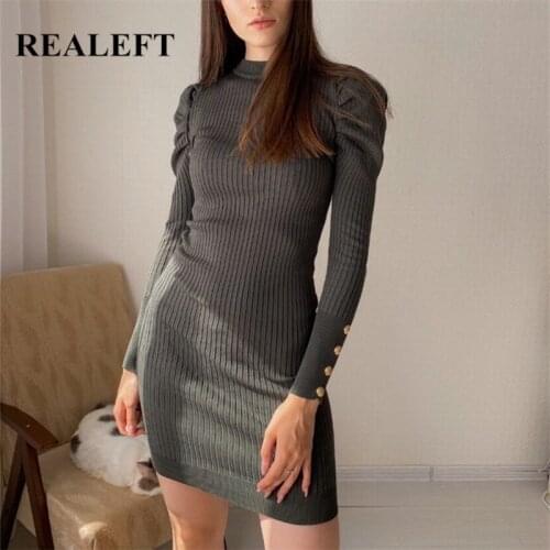 REALEFT 2021 New Autumn Winter Knitted Wrap Dresses High Waist Puff Sleeve Chic Buttons Sheath Bodycon Sexy Midi Sweater Dress