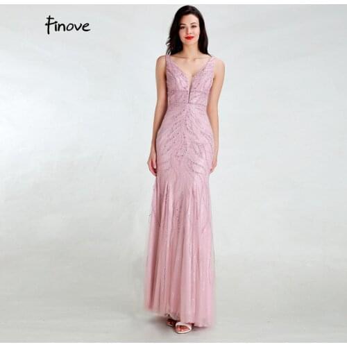 Finove Luxury Beaded Evening Dresses 2020 Sexy V-neck Tank Mermaid Dress Long Floor Length Elegant Party Prom Gowns For Women