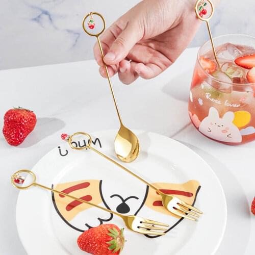 Cherry Strawberry Pattern 304 Stainless Steel Cute Nordic Style Multi Purpose Coffee Dessert Spoons 1Pcs Gold