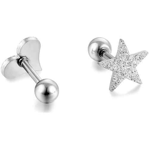 2Piece Simple Stainless Steel 1.2mm Safety Pin Piercing Stud Earrings for Women Heart Star Cartilage Helix Conch Earring