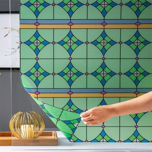 Antique Chinese Green Checkered Pattern Window Glass Door Sticker Electrostatic Film Living Room Sliding Door Window Film